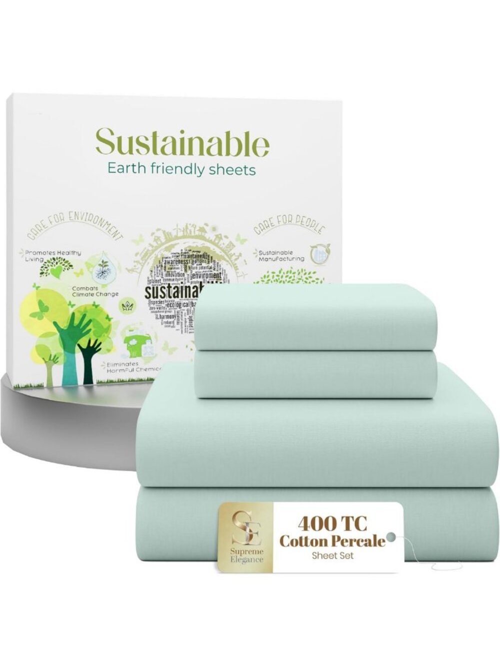 Luxurious 100% Cotton King Size Percale Sheet Set in Light Green - Soft